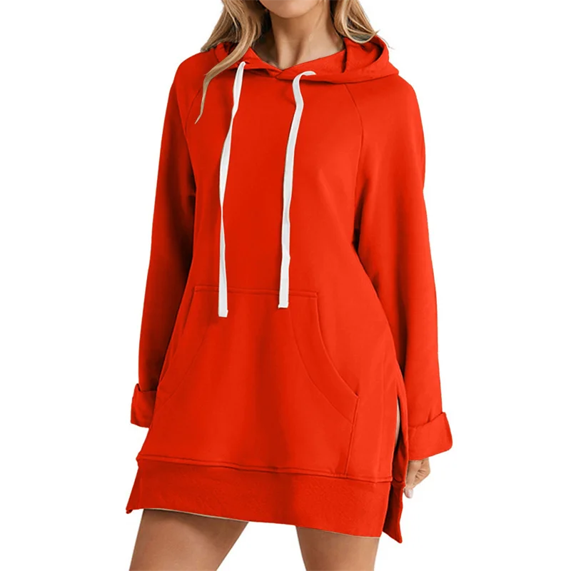 Women Hoodie Dress Slit Hem Drawstring Loose with Big Pocket Hooded Pullover Mid Length Top Commuting Dating Sport HoodieCYXX385 - Matrix Studios