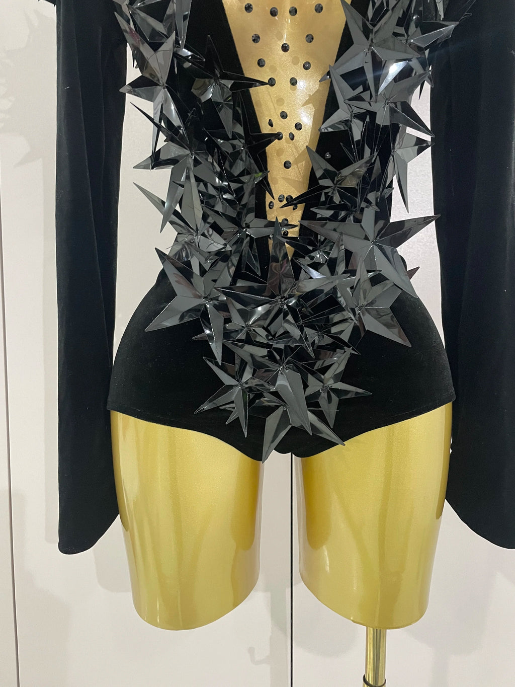 2025 New Shiny Black Rhinestone Velvet Long Sleeve Bodysuit Women Evening Party Club Gala Hosts NightClub Bar Stage Costumes - Matrix Studios