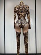 Women 2025 Stretch Leopard Print Sexy Bodycon Jumpsuit Bar Nightclub Singer Dancer Luxury Diamond Stage Performance Outfit - Matrix Studios