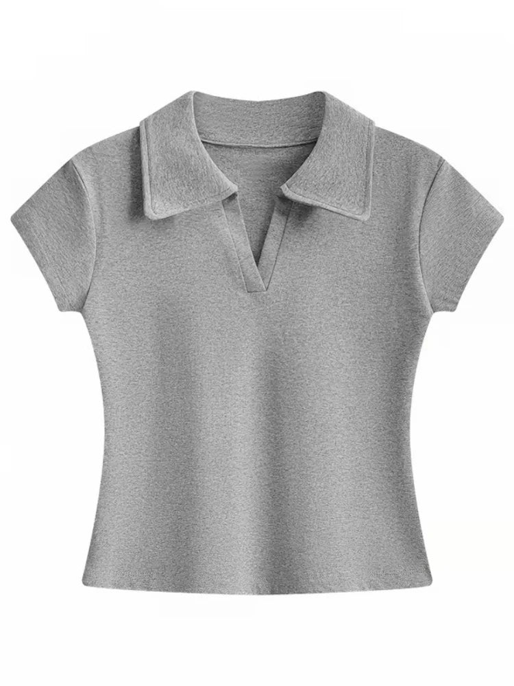 Minimalist Versatile Casual Top 2026 Summer New Solid Color Ribbed Polo Collar Women T-shirt Korean Style Slim Short Sleeve Tee - Matrix-studios.com