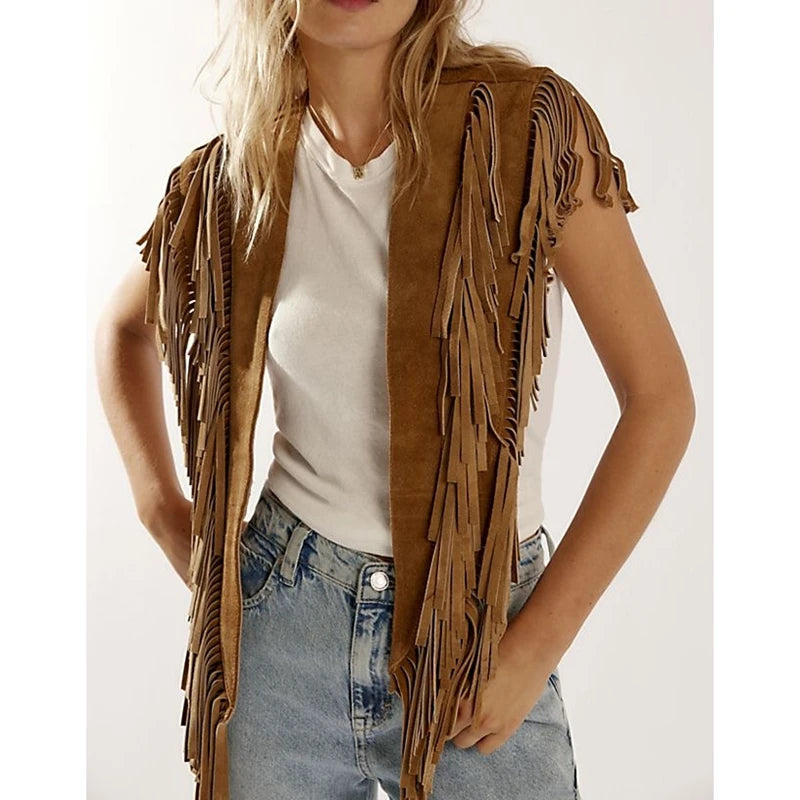 Combhasaki Women's Y2k Vintage Studded Suede Vest Coat 70s Hippie Outfits Sleeveless Open Front Tassel Patchwork Vest Collar - Matrix Studios