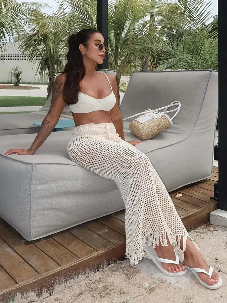 Sexy Summer Knit Cut Out Beach Half Skirt Women Chic Drawstring Fringed Casual Wrap Skirts 2026 Pool Party Swimwear Cover Up K50 - Matrix Studios