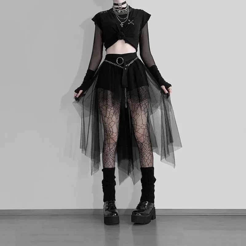 Sexy Net Yarn High-Waisted Irregular Skirt for Women Summer New European and American Gothic Style Versatile Casual Skirts - Matrix-studios.com