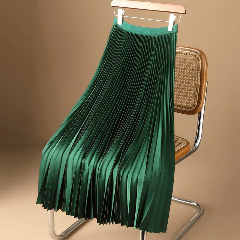 Women Vintage Midi Skirt Wide Elastic Waistband High Waist Pleated A-Line Skirt Summer Solid Color Smooth Satin Long Skirts - Matrix-studios.com