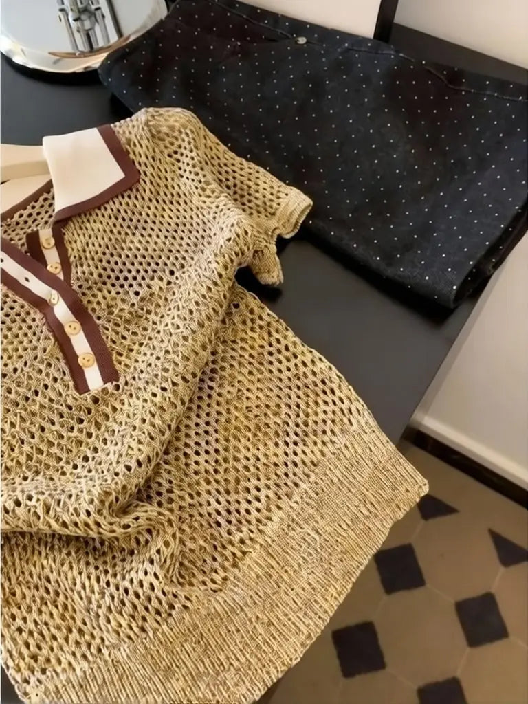 Vintage 2000s Shiny Knit Short Sleeve Tee Women Polo Neck Summer Tops Brown Hollow out Knitwear Lady Clothes Casual T-shirt - Matrix-studios.com