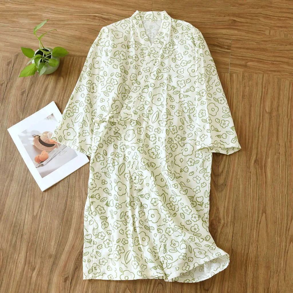 Japanese-style Kimono Pajamas Summer New 100% Cotton Gauze Pajamas Nightgown Ladies SPA Yukata Homewear Long Pajamas Women - Matrix-studios.com