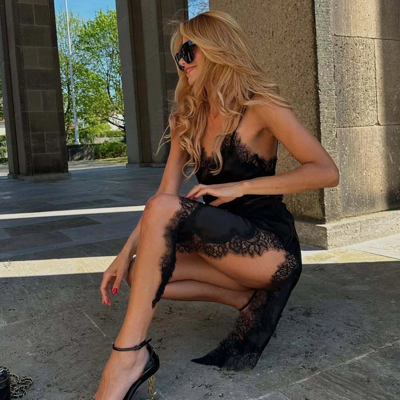 MUJER 2025 Lace Slip Dress Woman Black Backless Short Dresses for Women Asymmetric Party Women's Summer Dress Satin Sexy Dresses - Matrix-studios.com