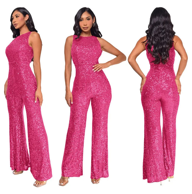 Bling Bling Sequined Club Jumpsuit Sexy Women O-neck Elegant Shiny Sliver Gold Sequins Straight Romper Overalls - Matrix Studios