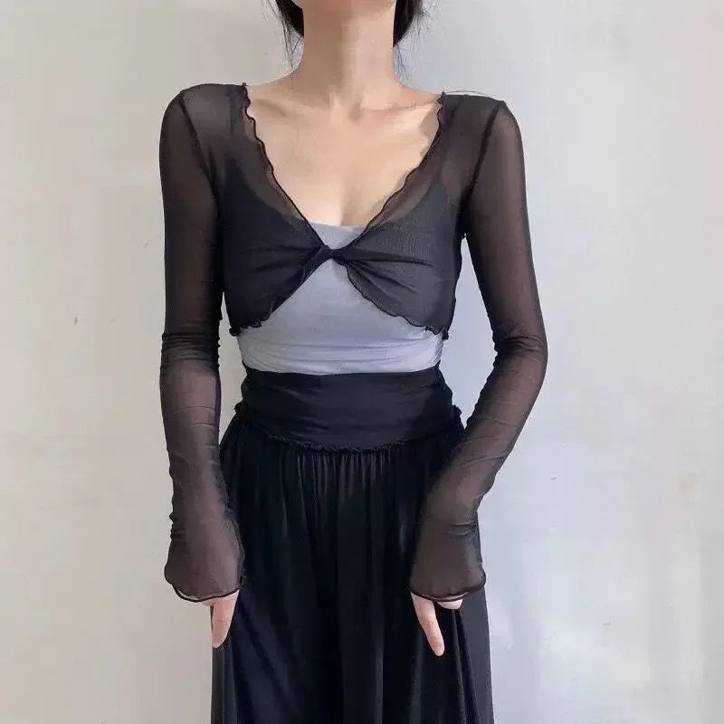 Fashion Elegant Women Sexy See Through Solid Cardigans Long Sleeve Mesh Vintage Lace Up Crop Tops Streetwear Short Cardigans - Matrix Studios