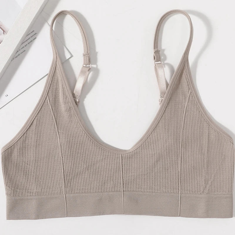 Seamless Tube Top Women's Ribbed V-Neck Wireless Bralette U-Back Daily Wear Bra Sexy Lingerie Adjust Straps Sports Underwear M-L - Matrix Studios