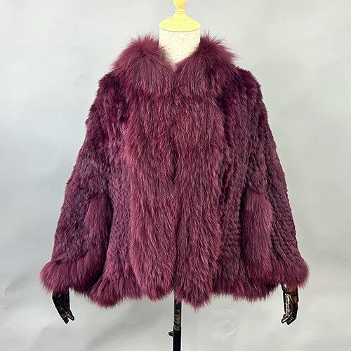 New Real Genuine Natural Knitted Rabbit Fur Shawl Coat With Fox Fur Collar Women's Fashion Knit Jacket Cape - Matrix Studios