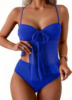 Women Solid Front Bow Chiffon Bikinis Set 2 Piece Tankini Swimsuit Strapless Bandeau Spaghetti Strap High Cut Beach Swimwear - Matrix-studios.com