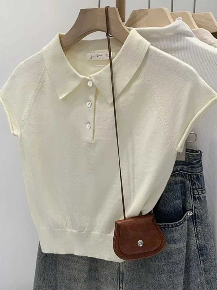 Polo Collar Cap Sleeve Knit Tee for Women Solid Grey Half Front Buttons Stretchy Lightweight Casual Summer Short Sleeve T Shirt - Matrix-studios.com