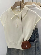 Polo Collar Cap Sleeve Knit Tee for Women Solid Grey Half Front Buttons Stretchy Lightweight Casual Summer Short Sleeve T Shirt - Matrix-studios.com