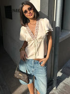 Tossy Lace Summer V-Neck T-shirt Top For Women Lace-Up Hollow Out Short Sleeve Printed Cropped Top Pullover Female Bandage Tee - Matrix-studios.com