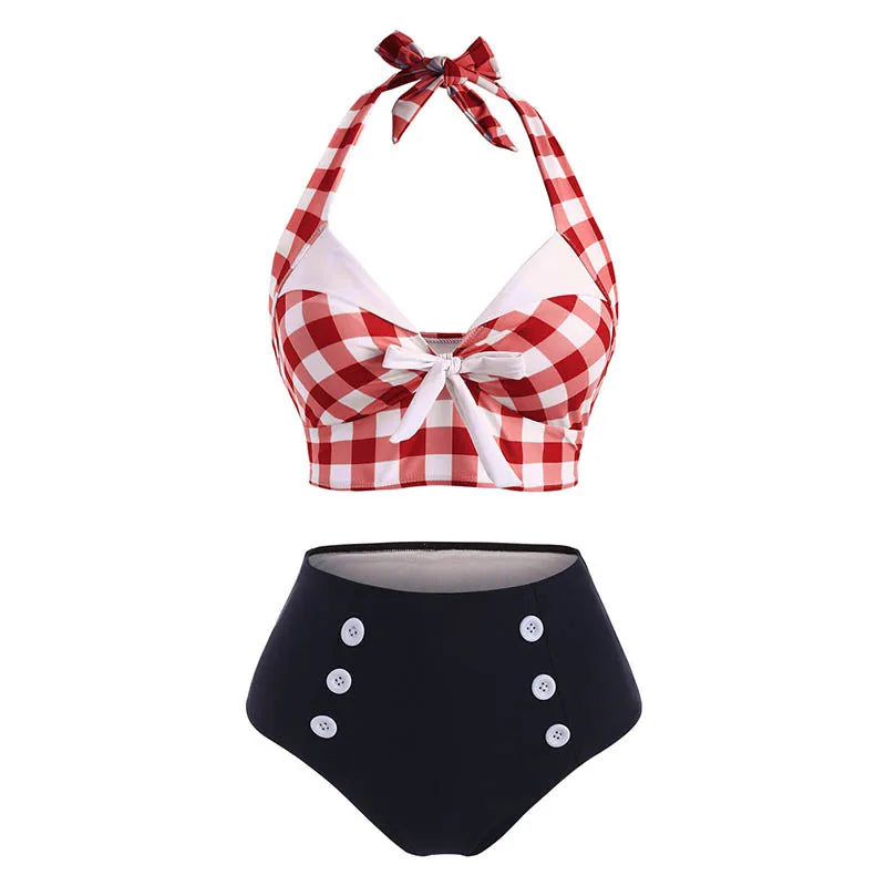 Dressfo Women's Tummy Control Tankini Swimwear Vintage Plaid Print Swimsuit Corset Style Mock Button Summer Beach Bathing Suit - Matrix-studios.com