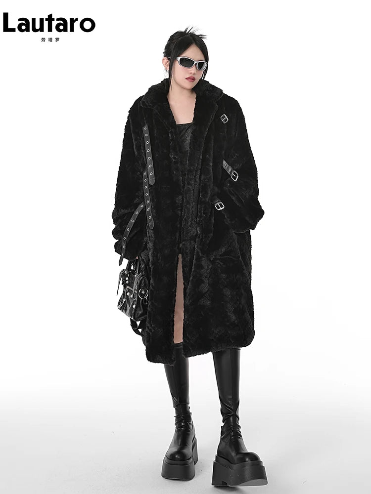 Lautaro Winter Cool Long Loose Casual Soft Thick Warm Black Fuzzy Faux Fur Coat Women Stand Collar Punk Style Fluffy Jacket 2023 - Matrix Studios