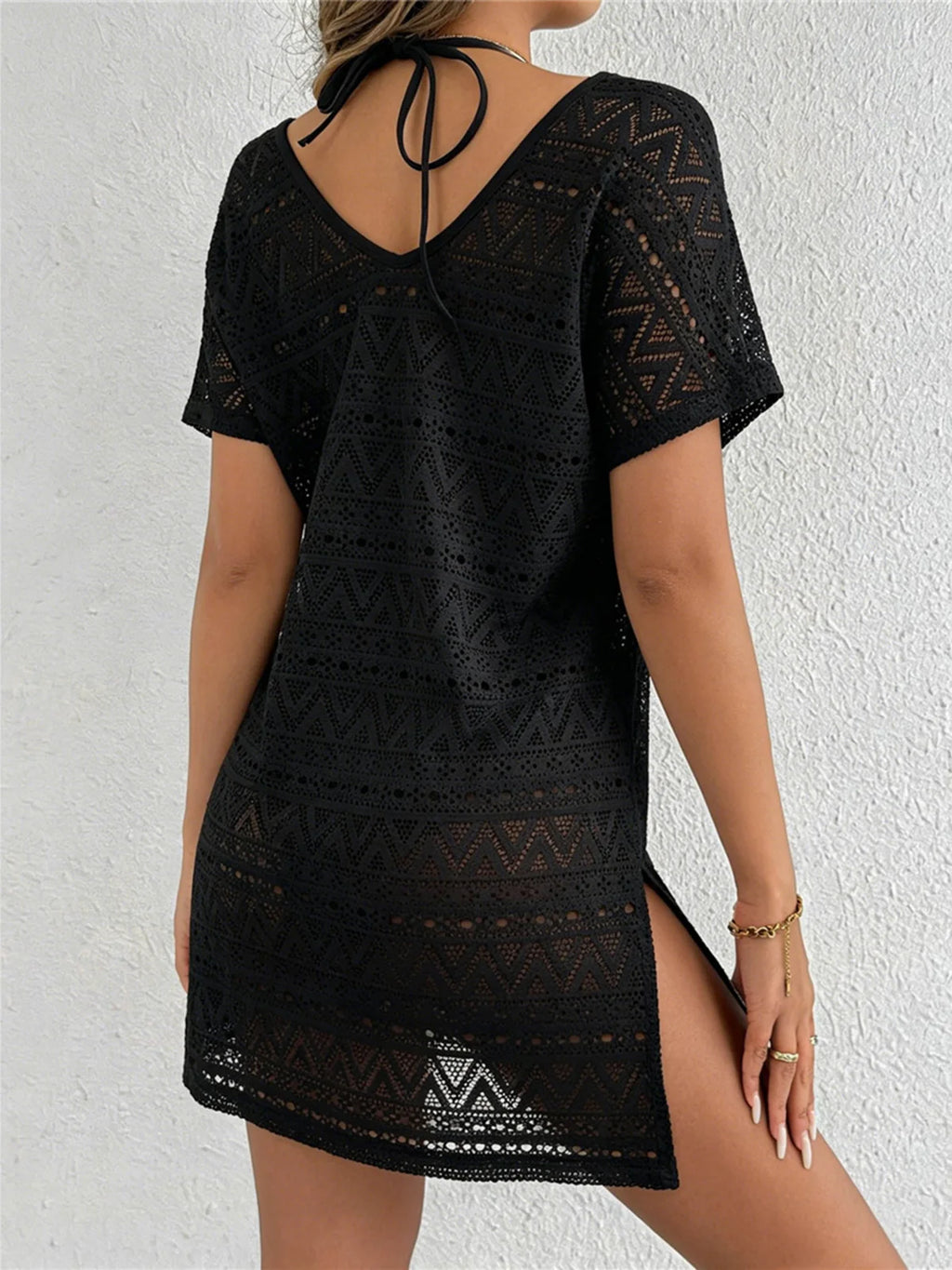 S - XL Cover-ups Beach Dress Beach Wear Beachwear Female Women V Neck Short Sleeve Hollow Out Knitted Tunic Beach Cover Up V8214 - Matrix Studios