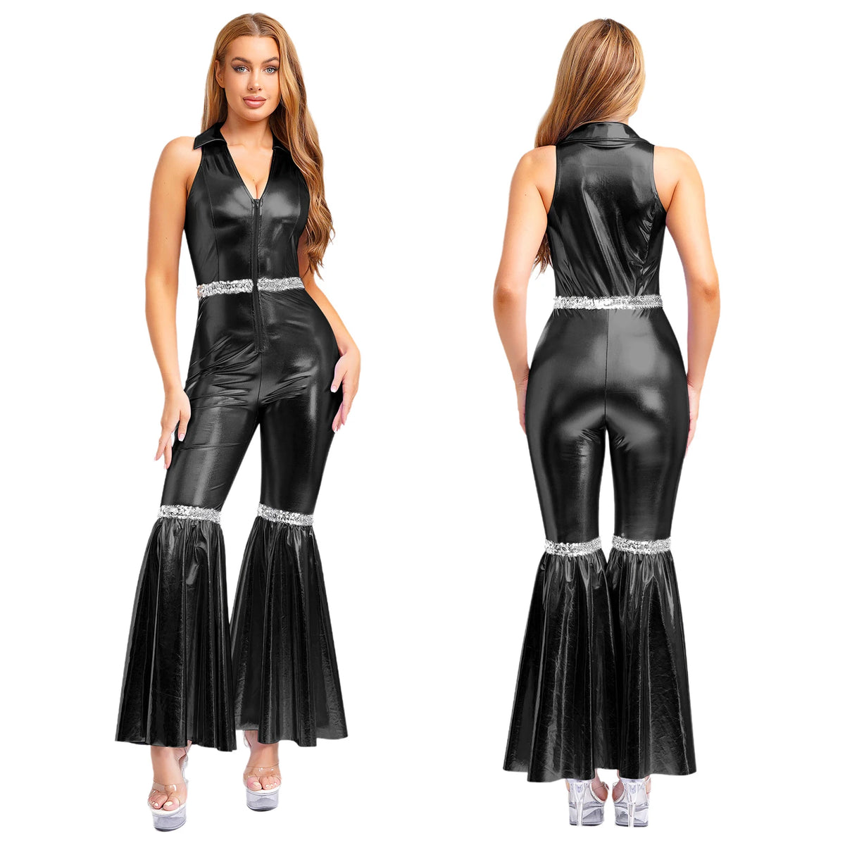 Women Vintage One Piece 70s Disco Dance Rompers Sleeveless Metallic Bell Bottom Flared Pants Jumpsuit for Retro Party Jazz Dance - Matrix Studios