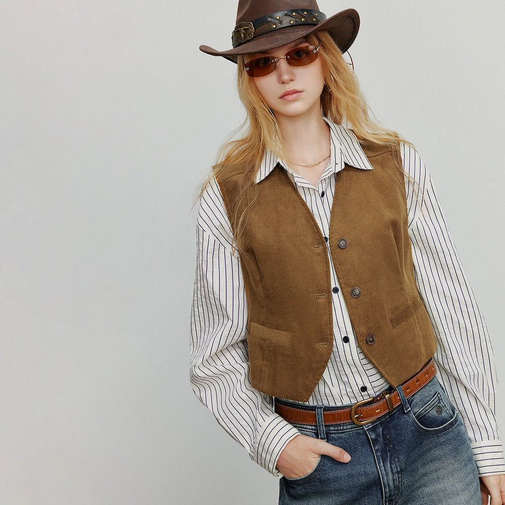TOYOUTH Women Sleeveless Jacket 2025 Autumn New Retro Old Money Corduroy Slim Waist Short Tank top - Matrix Studios