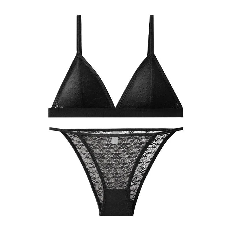 Women Triangle Bra and Panties Set Sheer Floral Lace Bralette Low-Rise Briefs Sexy Lingerie Set Removable Pads Ladies Underwear - Matrix-studios.com