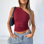 Solid Color One Shoulder Backless Shrink Tank Top T-Shirt Candy Color Tight Sexy Sleeveless Neckless Slim Casaul Top - Matrix-studios.com