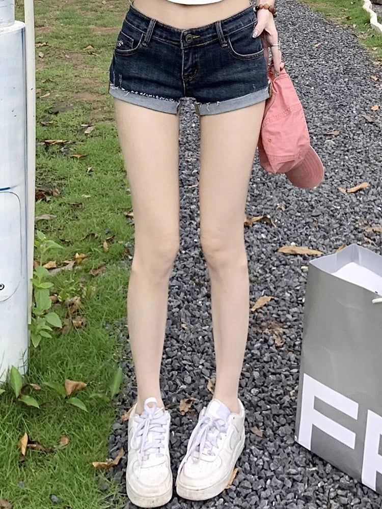 Summer New Women Korean Denim Shorts Pants Lady Low Waist Elastic Slim Fit Hot Pants Female Sexy Deep Blue Hip Wrapping Jeans - Matrix-studios.com