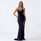 BABYONLINE Sparkly Full Sequined Mermaid Eveing Dress Sexy Leg Slit Spaghetti Straps V Neck Prom Dresses Long Luxury Wedding Party Dress - Matrix-studios.com
