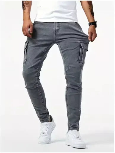 2025 Street Elastic Jeans Men Denim Cargo Pants Wash Solid Color Multi Pockets Casual Mid Waist Trousers Slim Daily Wear Joggers - Matrix Studios