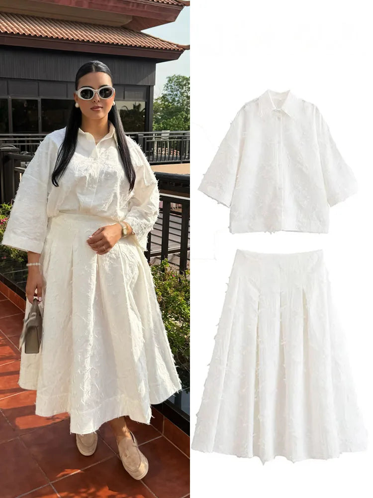 HH Women Tassel Sets White Turn-Down Collar Single-Breasted Shirts+High Waist Zipper A-Line Long Skirts Female Holiday Suit - Matrix-studios.com