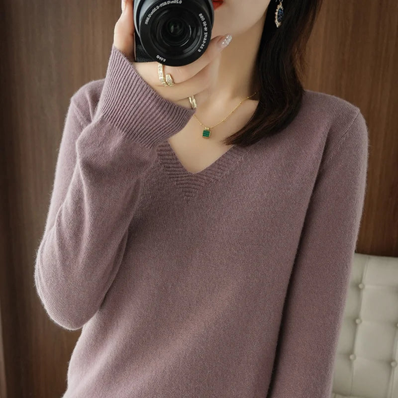 New Cashmere Women's V-neck Pullover Lace Neck Hollow Out Design Casual Knitted Long Sleeve Women's Sweater Autumn And Winter - Matrix-studios.com