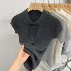 AOSSVIAO 2026 Summer Women Polo Collar Knit Short Sleeve T-shirt Fashion Versatile Simple Casual Slim Fit Button Tee Tops - Matrix-studios.com