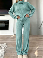 Women Ribbed Knit 2 Piece Outfit, Turtleneck Long Sleeve Sweater Top & High Waist Wide Leg Pants Set, Casual Loungewear Matching Sweatsuit For Daily Wear