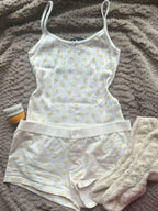 Strawberry Vest Shorts 2 Pieces Set Woman Eyelet Bow Slim Tank Top with Elastic Waist Patchwork Straight Short Pant Sweet Sets - Matrix-studios.com