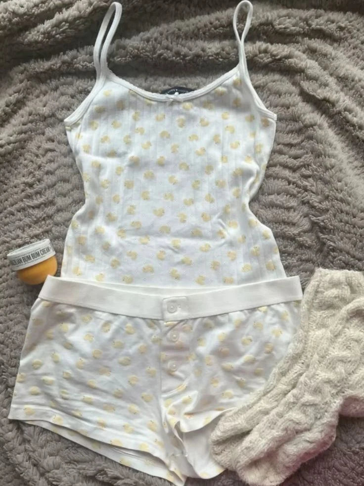 Strawberry Vest Shorts 2 Pieces Set Woman Eyelet Bow Slim Tank Top with Elastic Waist Patchwork Straight Short Pant Sweet Sets - Matrix-studios.com