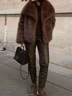 Brown Fluffy Fur Jacket Women's Casual Lapel Loose Long Sleeves Thicken Warm Short Coat 2025 Winter New Lady Commute Streetwear - Matrix Studios