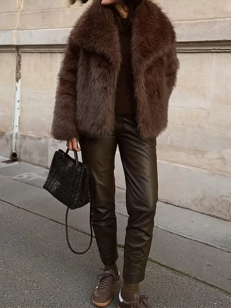 Brown Fluffy Fur Jacket Women's Casual Lapel Loose Long Sleeves Thicken Warm Short Coat 2025 Winter New Lady Commute Streetwear - Matrix Studios