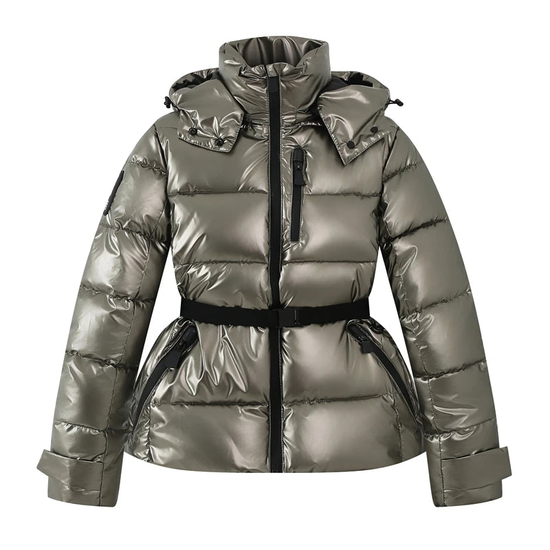 Women's Winter Hooded High Waist Padded Sport Parkas Coats with Belt Female Elegant Thick Warm Pockets Windproof Skiing Jackets - Matrix-studios.com