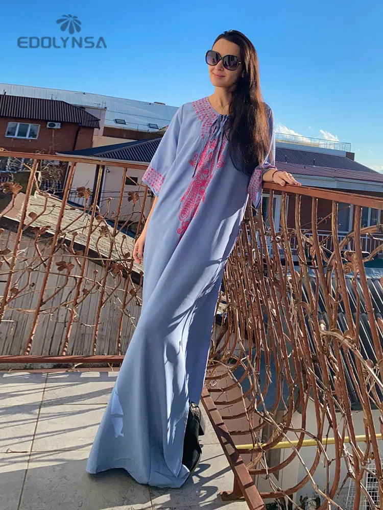 2026 Indie Folk Embroidered Short Sleeve Summer Dress Cotton Tunic Beach Kaftan Women Beachwear Swimsuit Cover Up Robe de plage - Matrix Studios