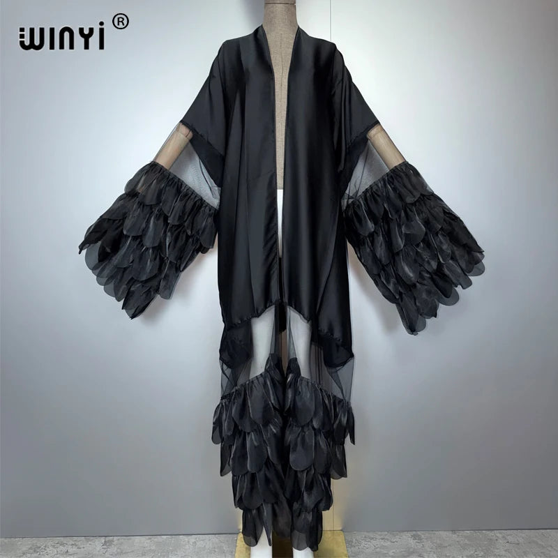 WINYI Catwalk Sexy Kimono Women Elegant Coat Long Sleeve Cardigan Abaya Dubai Luxury Beachwear Cover Up Dress Holiday Caftan - Matrix Studios