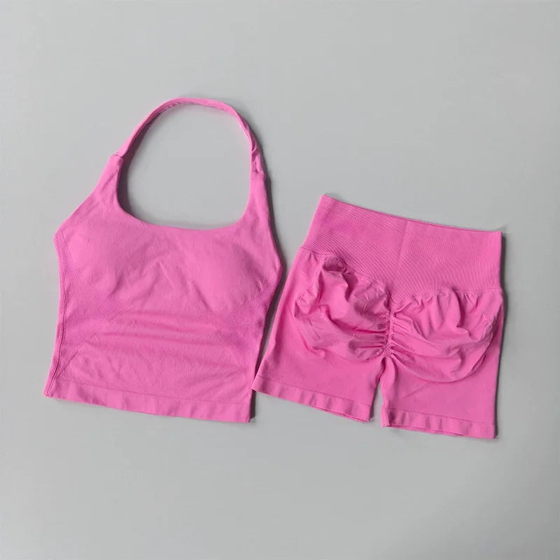 Yoga 2 Pieces Gym Set Women Backless Halter Tops High Waist Seamless Shorts Gym Suit Fitness Sports Bras Sportswear Workout Sets - Matrix-studios.com