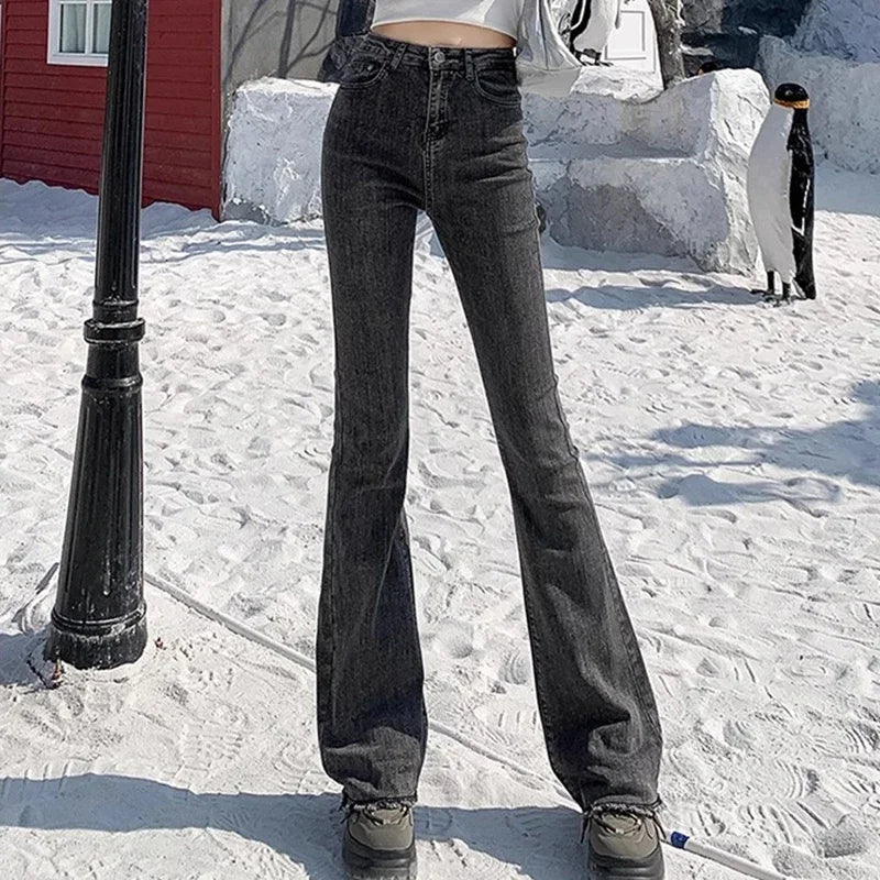 2024 Woman High Waist Vintage Flare Jeans Female Gothic Elastic Bell Bottom Pants Lady Streetwear Blue Black Grey Denim Trousers - Matrix-studios.com