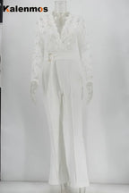 White Jumpsuit Women Overalls Elegant Lace Long One Piece High Waist Feather Y2k Sexy Wedding Party Night Evening Rompers - Matrix Studios