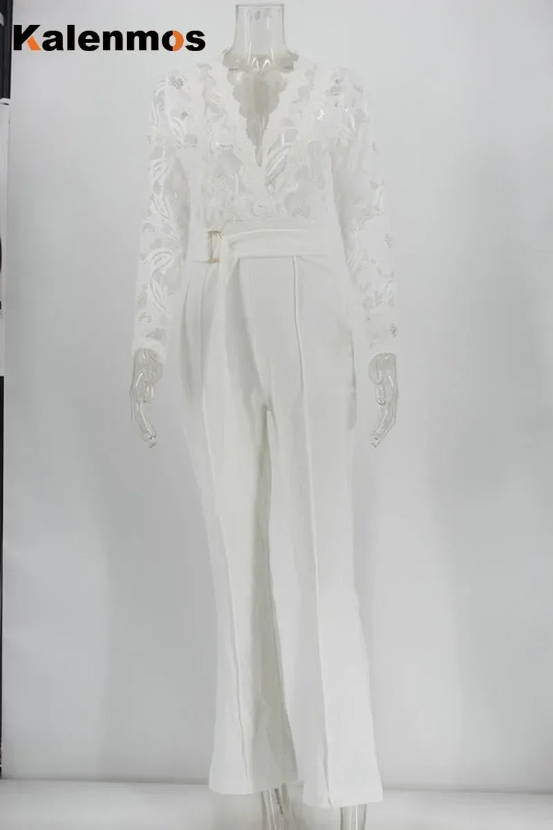 White Jumpsuit Women Overalls Elegant Lace Long One Piece High Waist Feather Y2k Sexy Wedding Party Night Evening Rompers - Matrix Studios
