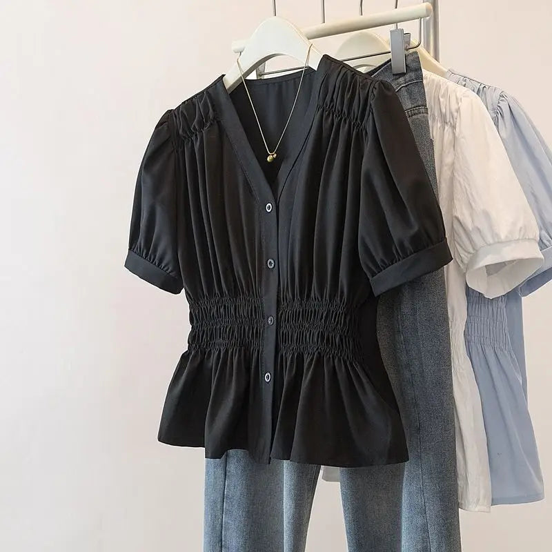 200 Pounds Plus Size Elastic Waist Office Lady Trend Shirt And Blouse Solid Color Top Women Clothing V-neck French Chic Basics - Matrix-studios.com
