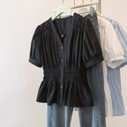 200 Pounds Plus Size Elastic Waist Office Lady Trend Shirt And Blouse Solid Color Top Women Clothing V-neck French Chic Basics - Matrix-studios.com
