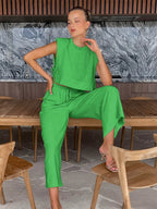 Spring Summer 2025 Women Holiday Linen Pant Set Crop Tops Solid Outfits 2 Two Piece Matching Set For Women - Matrix-studios.com