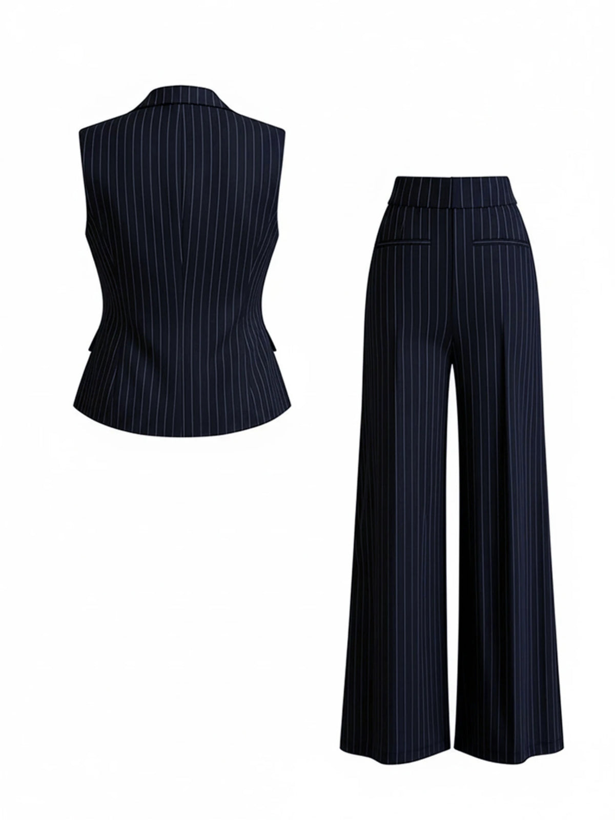 Vertical Stripe Lapel Sleeveless Vest And High Waist Wide Leg Pants Two Piece Office Suit For Women Formal Business Matching Outfit Set - Matrix-studios.com