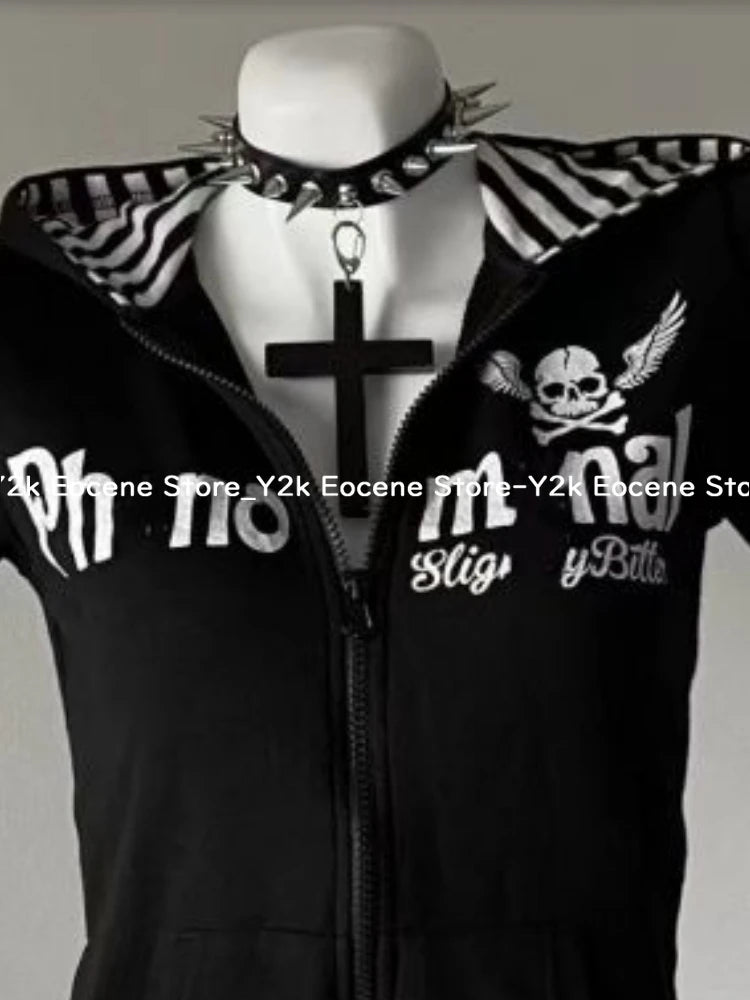 Y2K Subculture Skull Print Zip Cardigan Short Sleeve Women Japan Slim Fit Striped Hoodie Casual Tops Fashion Streetwear Clothes - Matrix Studios