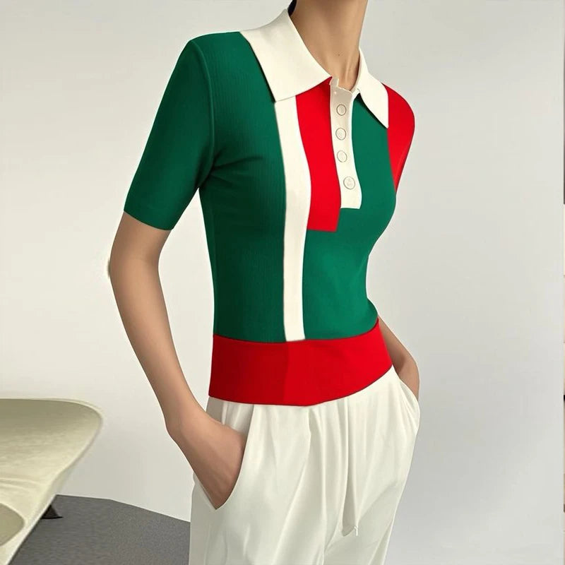 Modigirl Knit Sweater Tops for Women 2025 Casual Contrast Color Buttoned Skinny Short Sleeves Polo Tee Shirts Woman Clothes - Matrix-studios.com